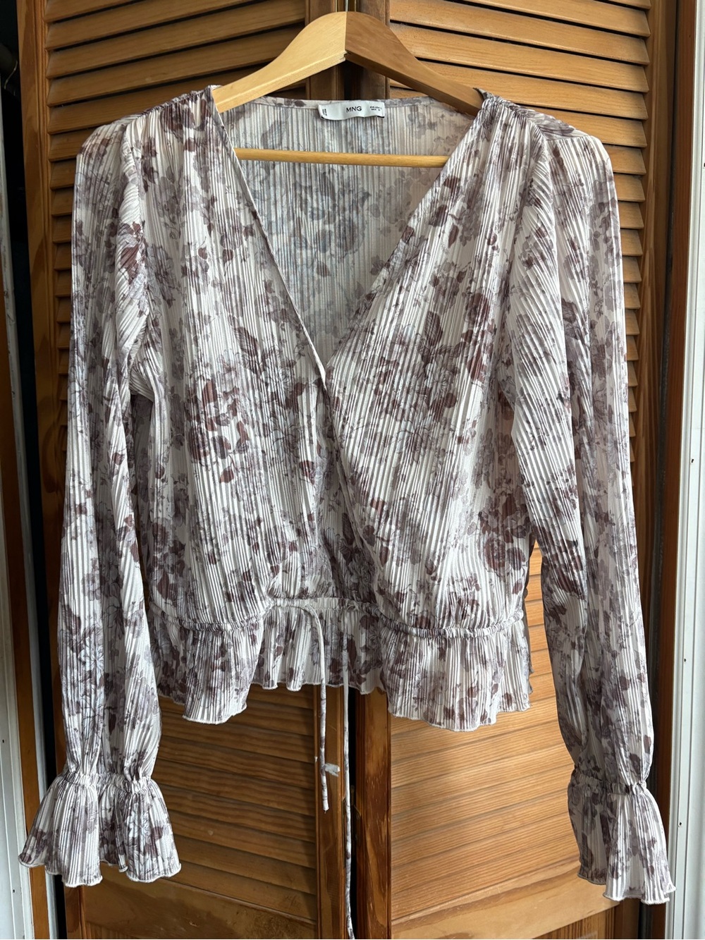 Mango Cream and Brown Floral Pleated Peplum Top